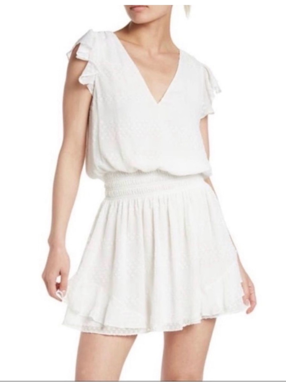 Ramy Brook White Simona dress.  V-Neck Ruffle Sleeve Mini Dress
